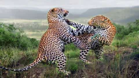 动物世界:两只豹子打架,场面激烈异常,真是太狠了!