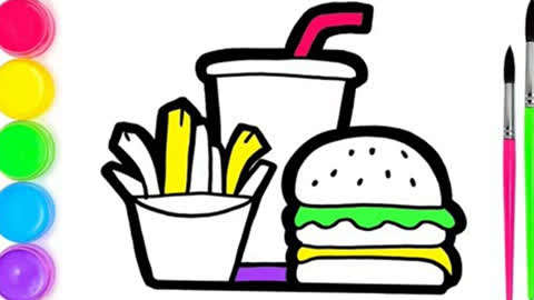 儿童绘画:学习绘画和着色薯条,汉堡,可乐